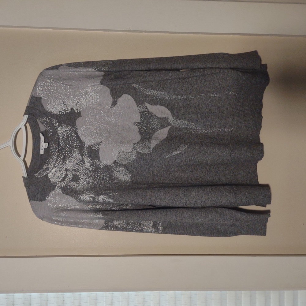 Chico's Women's Large Charcoal and Silver Floral Sweater‎